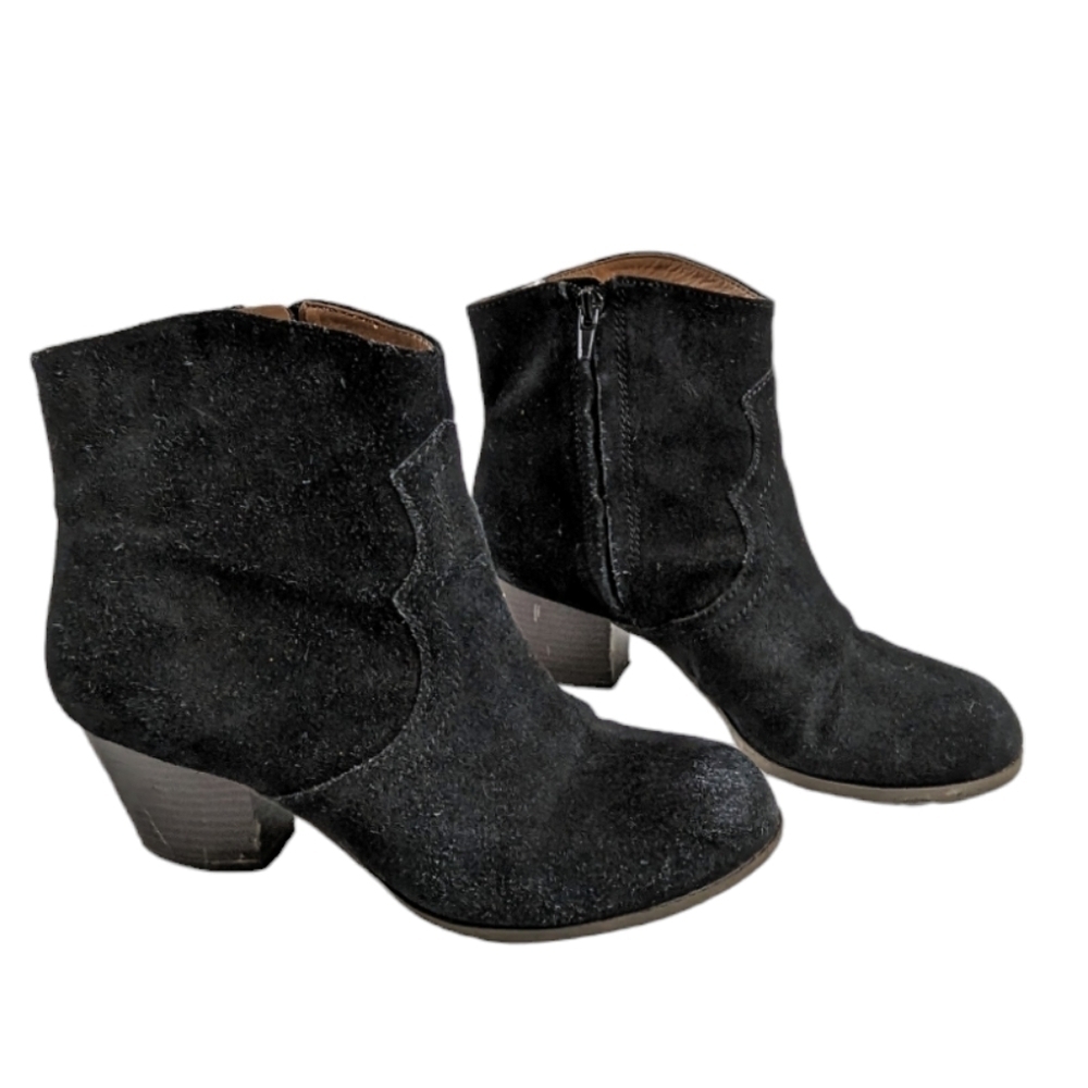 Lucky Brand Black Suede Side Zip Stacked Heel Ankle Booties Western Bohemian